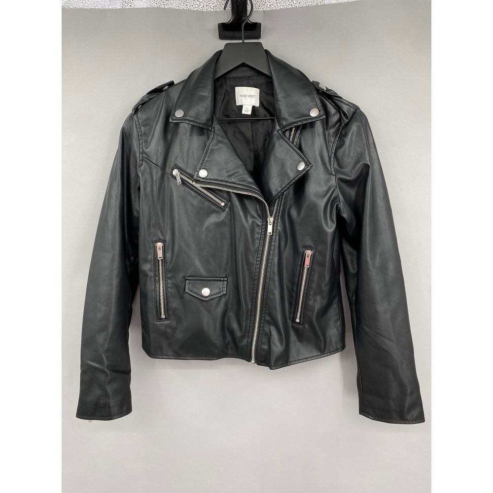Nine West Moto Jacket Women Size S Black Faux Leather Biker Asymmetrical Zip